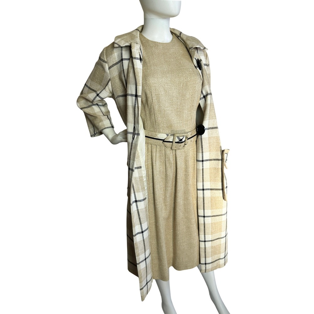 Vintage 50s 60s Minx Mode Plaid Coat Dress Set Tan Plaid Mod Retro Mid Century
